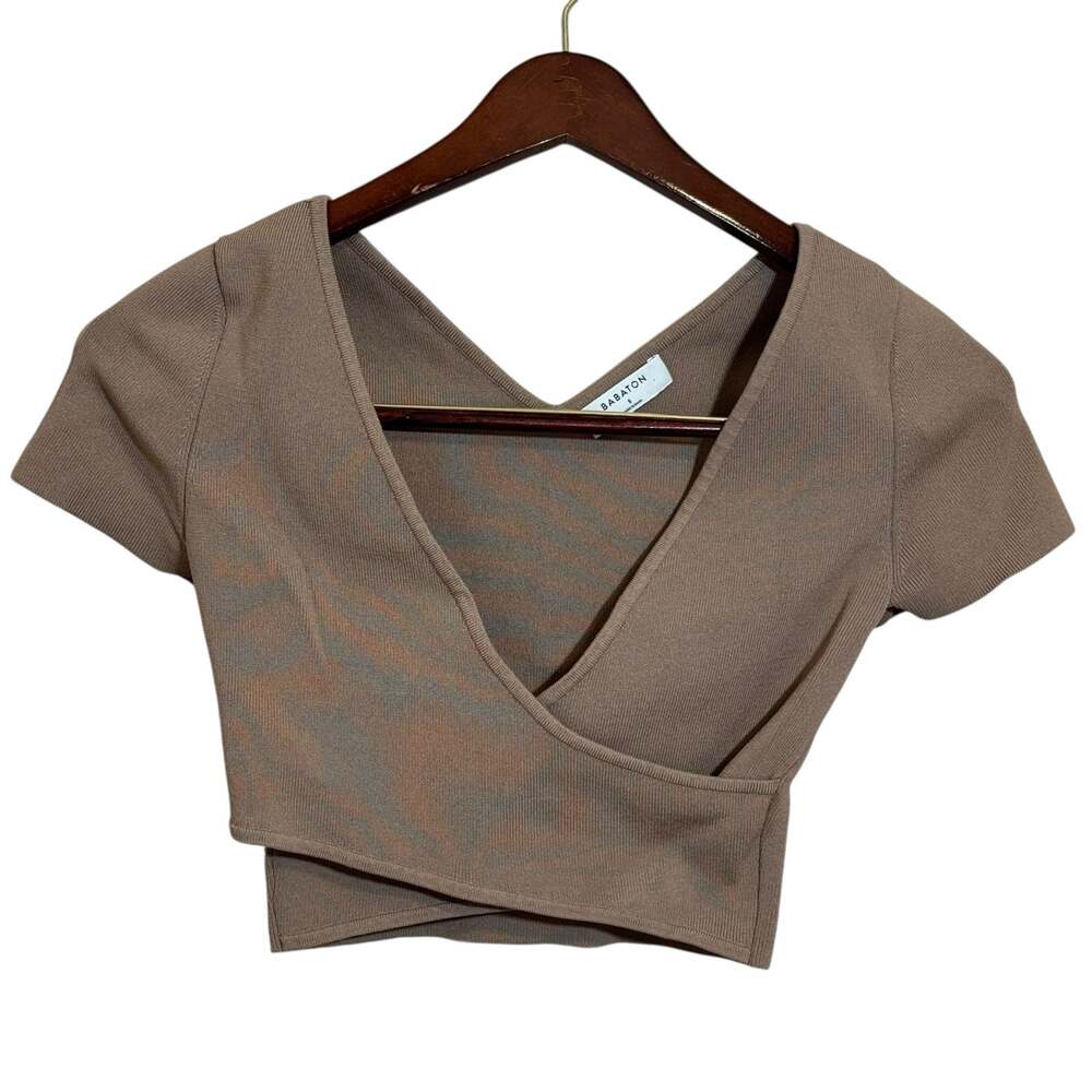 Babaton Aritzia Faux Wrap Cross Front Cropped Neutral Stretchy Shirt Top Small